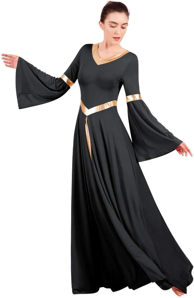 IBAKOM Praise Liturgical Dance Costume for Women Loose Fit Full Length Metallic Gold V-Neck Worship Long Dress Dancewear
