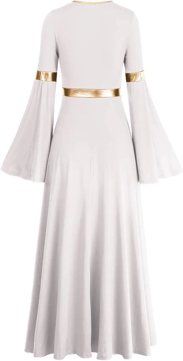 IBAKOM Praise Liturgical Dance Costume for Women Loose Fit Full Length Metallic Gold V-Neck Worship Long Dress Dancewear