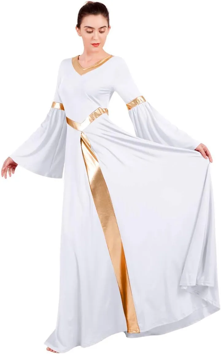 IBAKOM Praise Liturgical Dance Costume for Women Loose Fit Full Length Metallic Gold V-Neck Worship Long Dress Dancewear