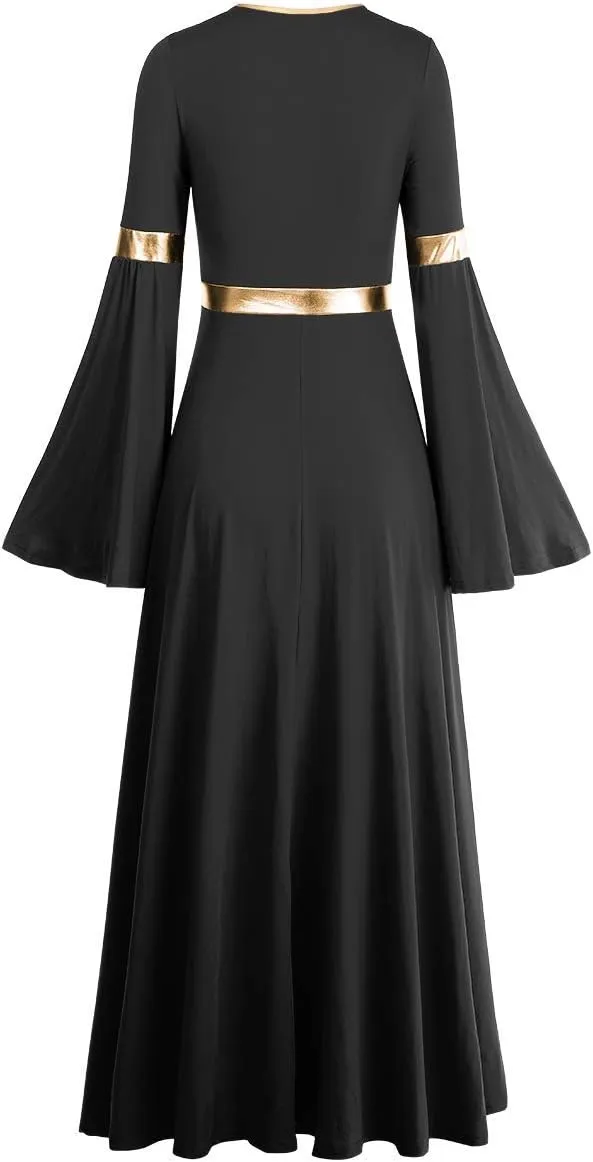IBAKOM Praise Liturgical Dance Costume for Women Loose Fit Full Length Metallic Gold V-Neck Worship Long Dress Dancewear