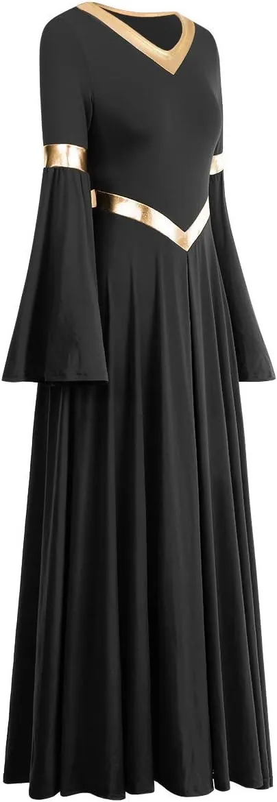IBAKOM Praise Liturgical Dance Costume for Women Loose Fit Full Length Metallic Gold V-Neck Worship Long Dress Dancewear