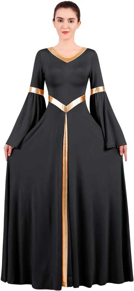 IBAKOM Praise Liturgical Dance Costume for Women Loose Fit Full Length Metallic Gold V-Neck Worship Long Dress Dancewear