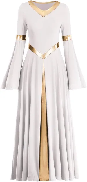 IBAKOM Praise Liturgical Dance Costume for Women Loose Fit Full Length Metallic Gold V-Neck Worship Long Dress Dancewear