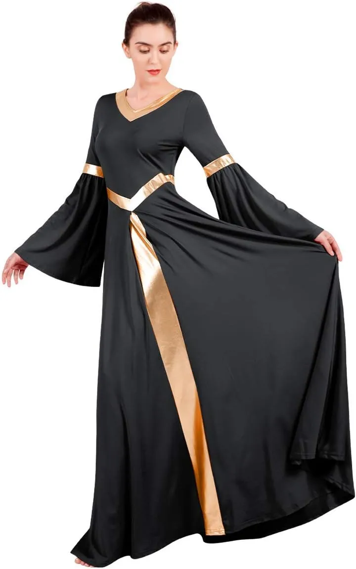 IBAKOM Praise Liturgical Dance Costume for Women Loose Fit Full Length Metallic Gold V-Neck Worship Long Dress Dancewear