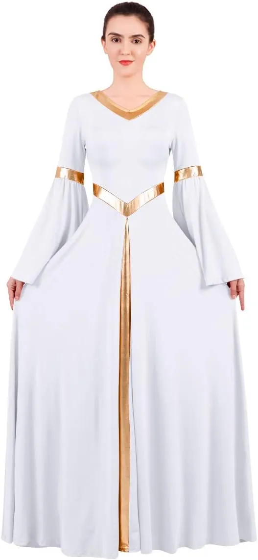 IBAKOM Praise Liturgical Dance Costume for Women Loose Fit Full Length Metallic Gold V-Neck Worship Long Dress Dancewear