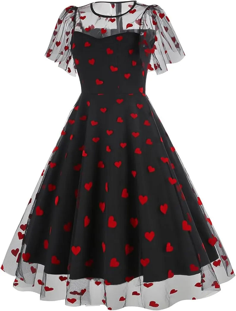 IBTOM CASTLE Women's 1950s Vintage Dress Short Sleeve Heart Print Mesh Retro Evening Prom Cocktail Party Swing A Line Dress