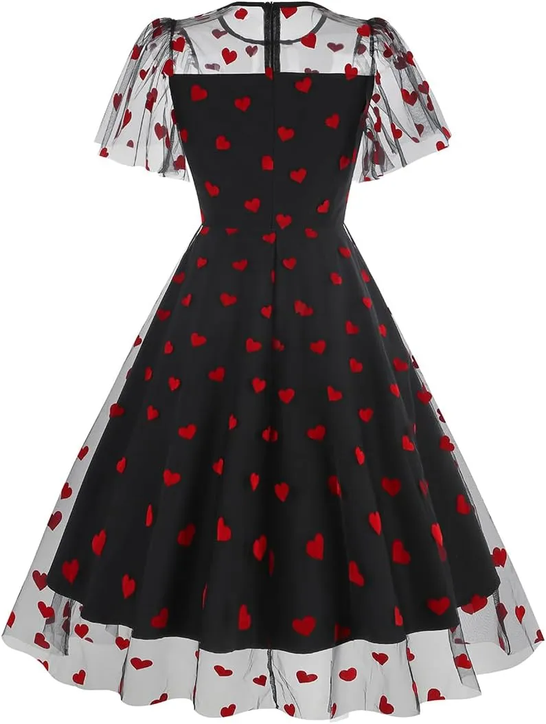 IBTOM CASTLE Women's 1950s Vintage Dress Short Sleeve Heart Print Mesh Retro Evening Prom Cocktail Party Swing A Line Dress