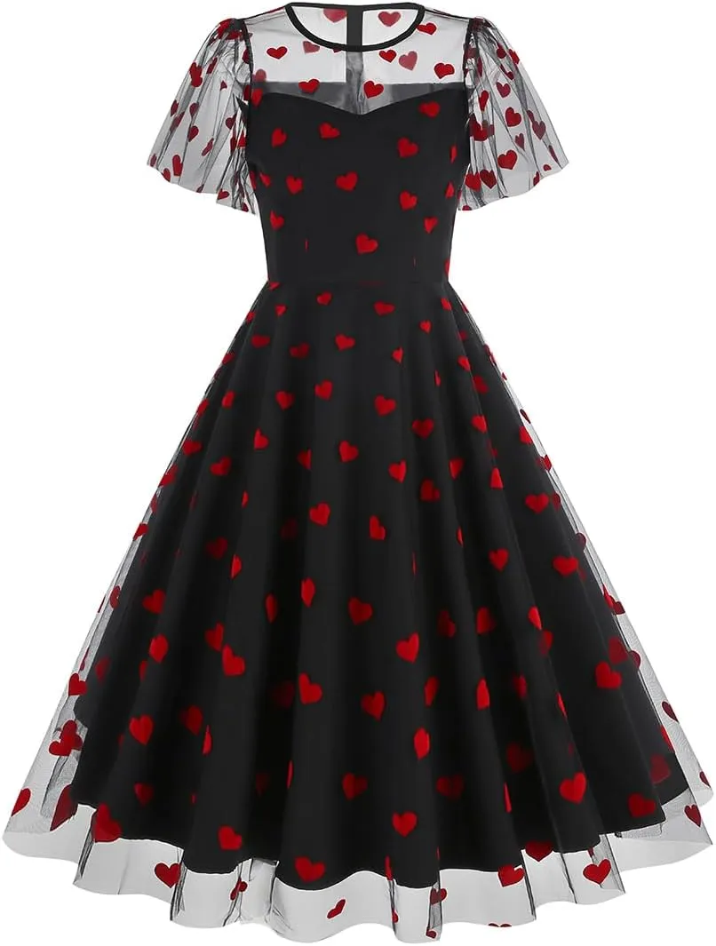 IBTOM CASTLE Women's 1950s Vintage Dress Short Sleeve Heart Print Mesh Retro Evening Prom Cocktail Party Swing A Line Dress
