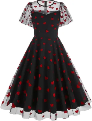IBTOM CASTLE Women's 1950s Vintage Dress Short Sleeve Heart Print Mesh Retro Evening Prom Cocktail Party Swing A Line Dress
