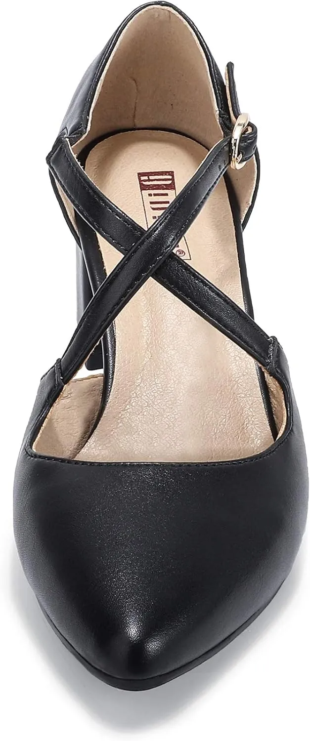 IDIFU Women's Lynn Dress Low Heeled Pumps Closed Pointed Toe Block Chunky Heel Cross Strap Wedding Bridal Party Office Shoes