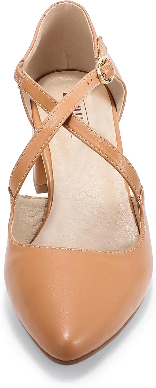 IDIFU Women's Lynn Dress Low Heeled Pumps Closed Pointed Toe Block Chunky Heel Cross Strap Wedding Bridal Party Office Shoes