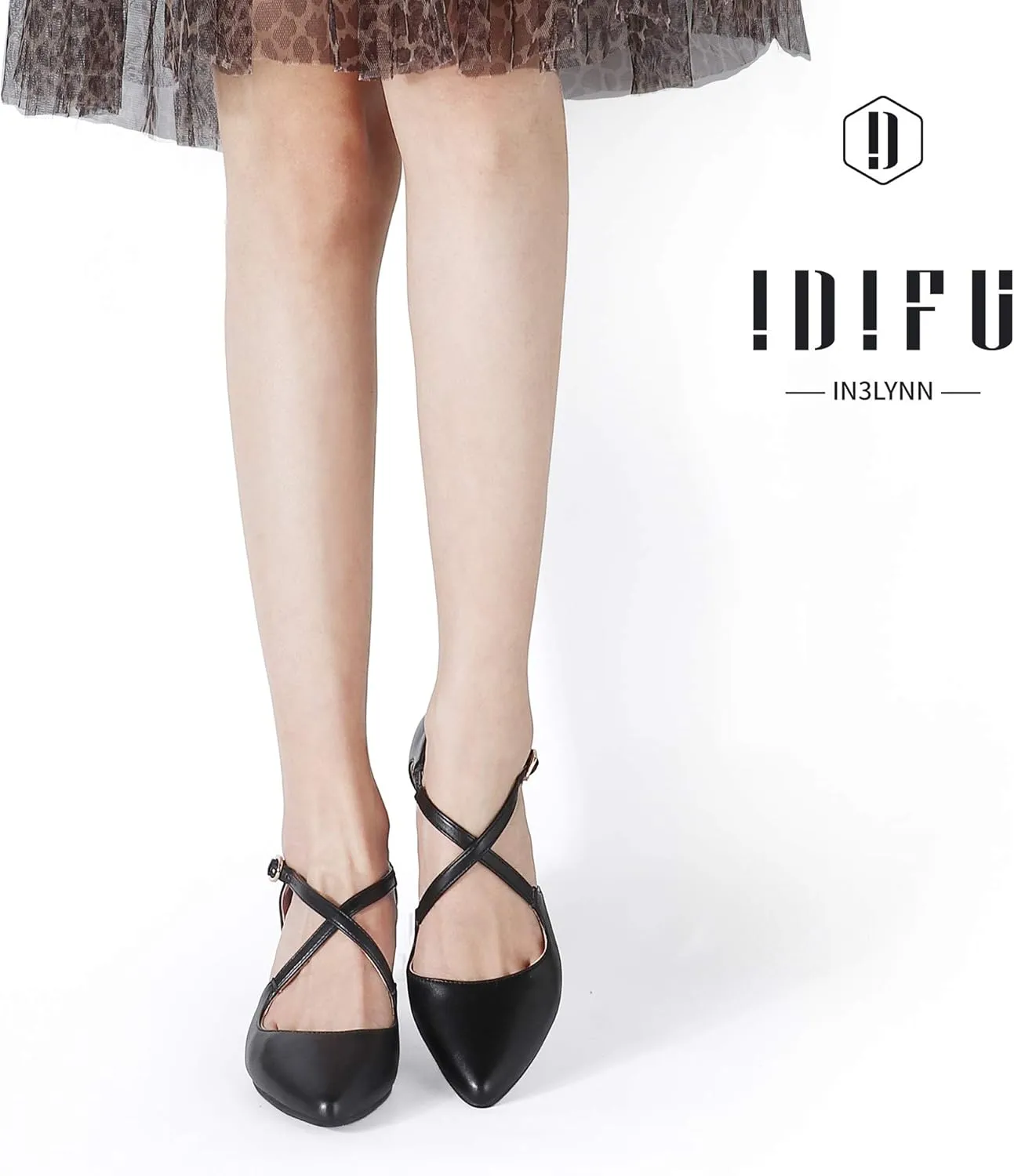 IDIFU Women's Lynn Dress Low Heeled Pumps Closed Pointed Toe Block Chunky Heel Cross Strap Wedding Bridal Party Office Shoes