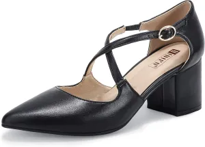 IDIFU Women's Lynn Dress Low Heeled Pumps Closed Pointed Toe Block Chunky Heel Cross Strap Wedding Bridal Party Office Shoes