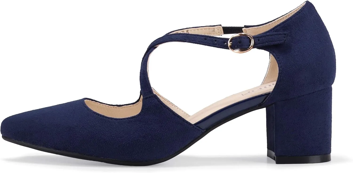 IDIFU Women's Lynn Dress Low Heeled Pumps Closed Pointed Toe Block Chunky Heel Cross Strap Wedding Bridal Party Office Shoes