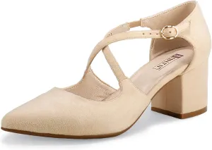 IDIFU Women's Lynn Dress Low Heeled Pumps Closed Pointed Toe Block Chunky Heel Cross Strap Wedding Bridal Party Office Shoes