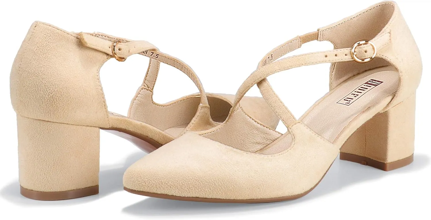 IDIFU Women's Lynn Dress Low Heeled Pumps Closed Pointed Toe Block Chunky Heel Cross Strap Wedding Bridal Party Office Shoes