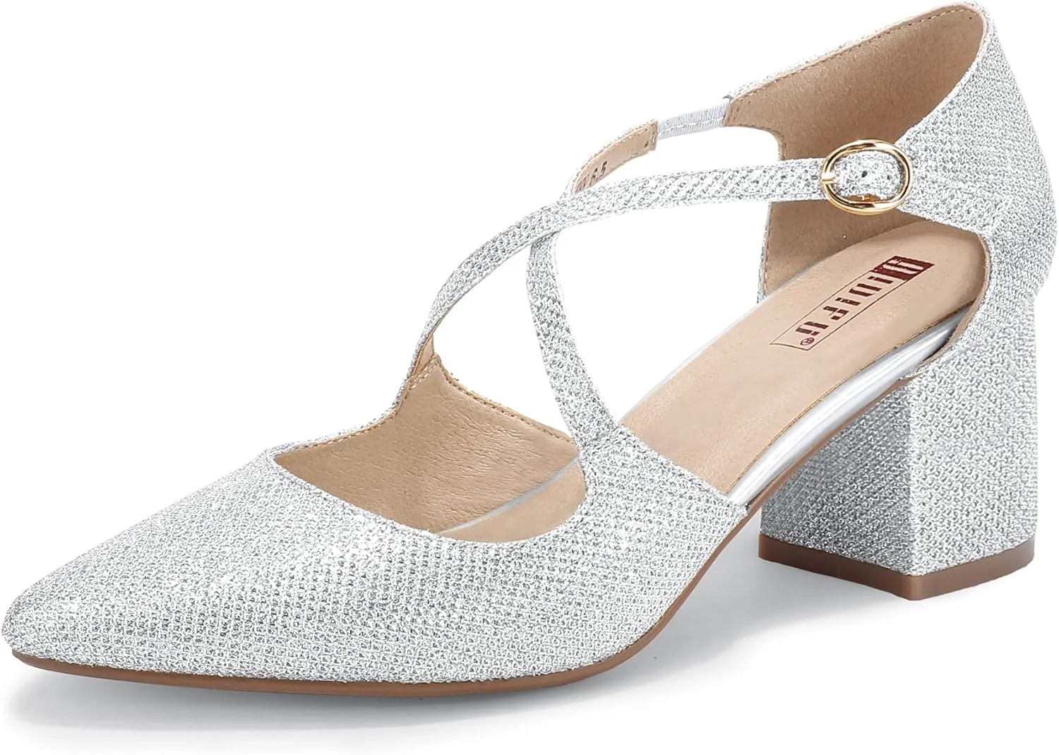 IDIFU Women's Lynn Dress Low Heeled Pumps Closed Pointed Toe Block Chunky Heel Cross Strap Wedding Bridal Party Office Shoes