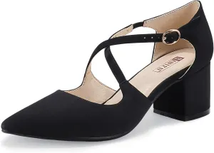IDIFU Women's Lynn Dress Low Heeled Pumps Closed Pointed Toe Block Chunky Heel Cross Strap Wedding Bridal Party Office Shoes