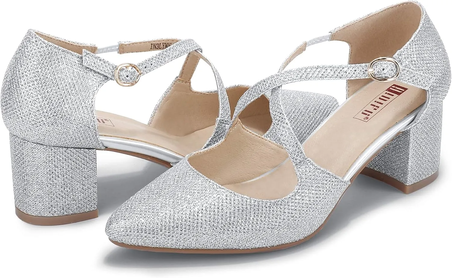 IDIFU Women's Lynn Dress Low Heeled Pumps Closed Pointed Toe Block Chunky Heel Cross Strap Wedding Bridal Party Office Shoes