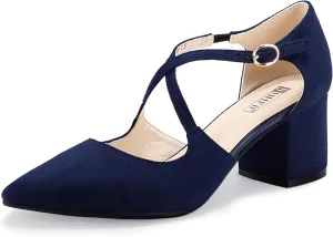 IDIFU Women's Lynn Dress Low Heeled Pumps Closed Pointed Toe Block Chunky Heel Cross Strap Wedding Bridal Party Office Shoes