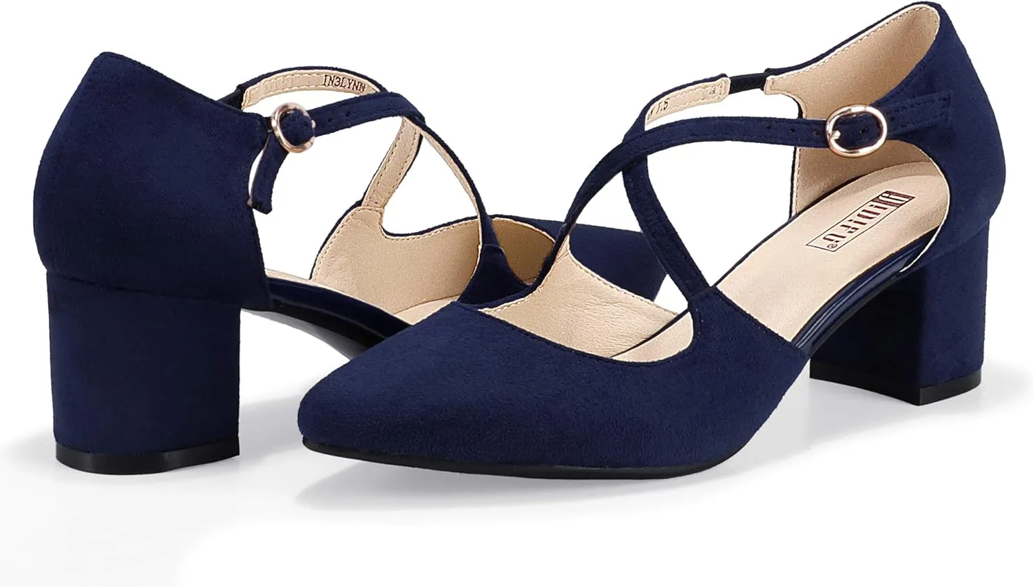 IDIFU Women's Lynn Dress Low Heeled Pumps Closed Pointed Toe Block Chunky Heel Cross Strap Wedding Bridal Party Office Shoes