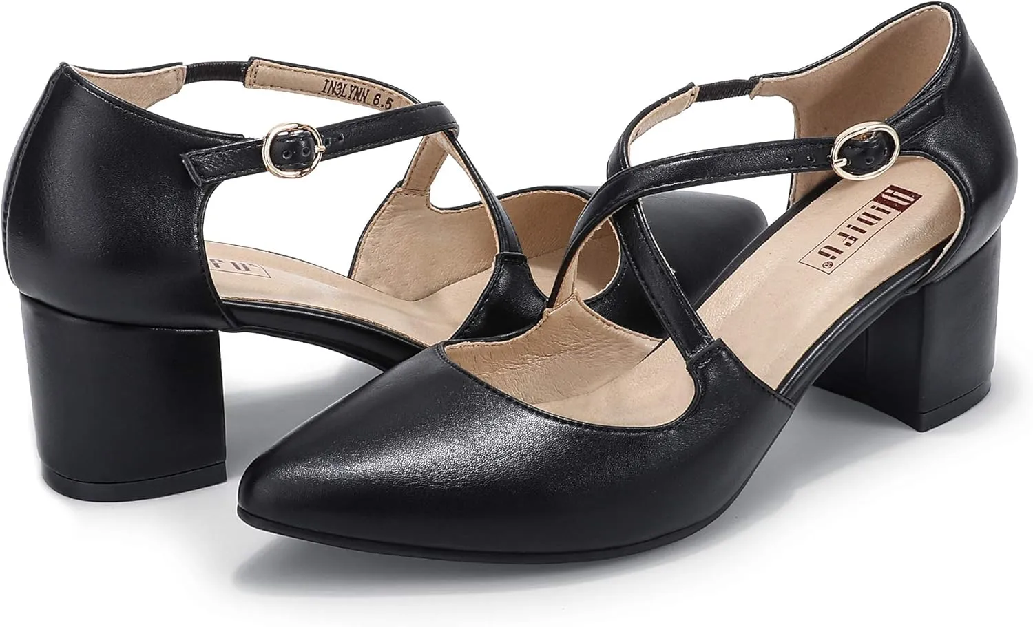 IDIFU Women's Lynn Dress Low Heeled Pumps Closed Pointed Toe Block Chunky Heel Cross Strap Wedding Bridal Party Office Shoes