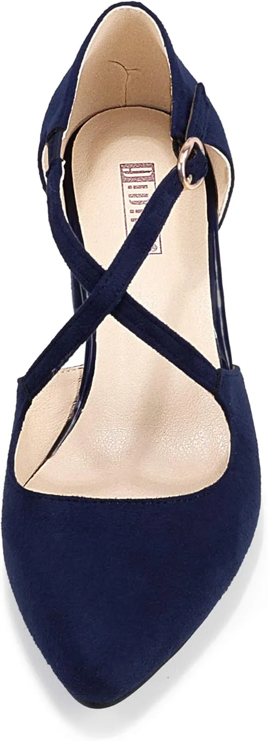 IDIFU Women's Lynn Dress Low Heeled Pumps Closed Pointed Toe Block Chunky Heel Cross Strap Wedding Bridal Party Office Shoes