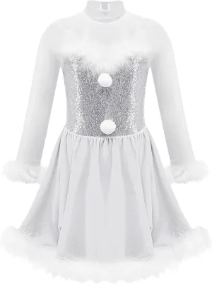 iiniim Girls Kids Faux Fur Figure Ice Skating Dress Christmas Competition Dance Wear Costume