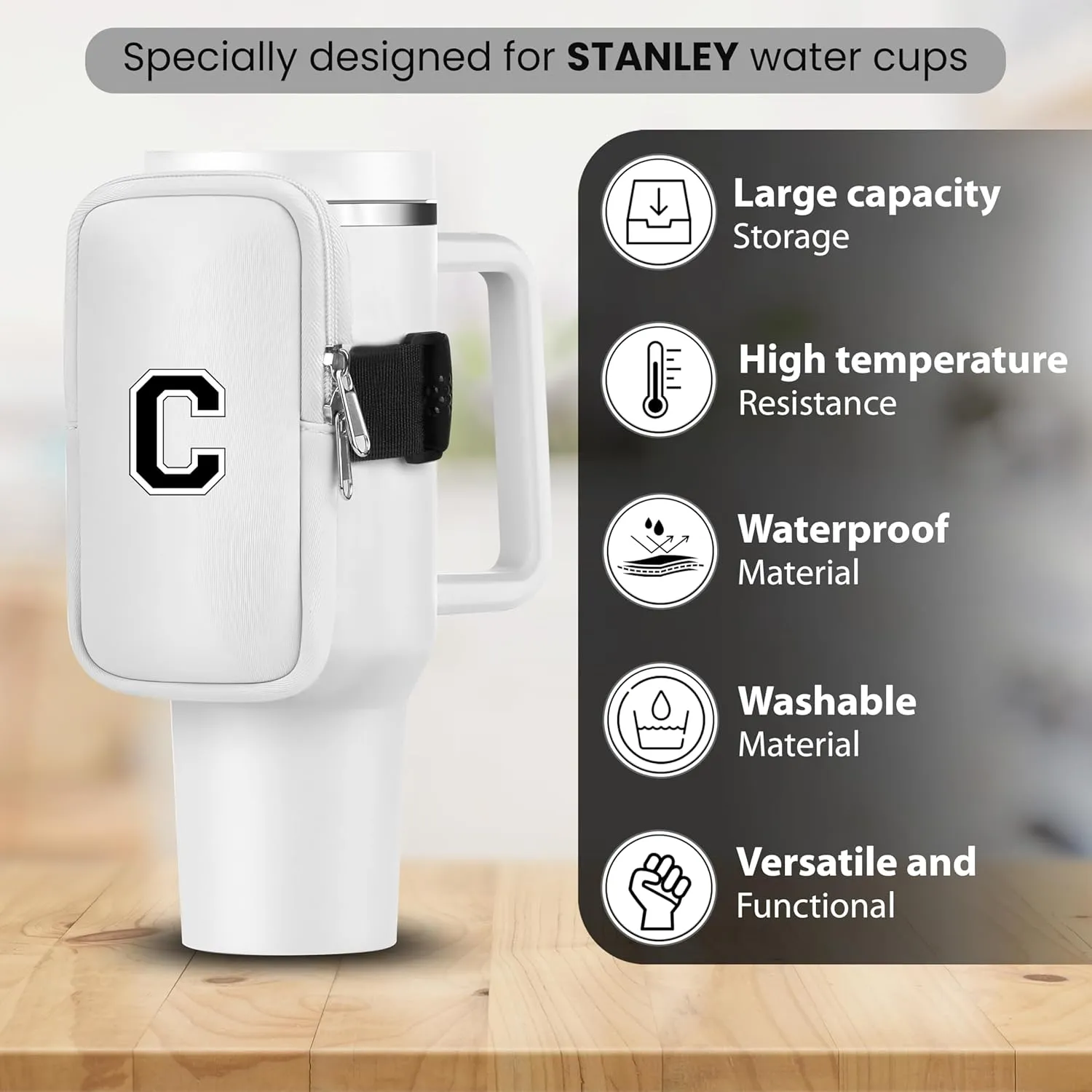 Initial Water Bottle Carrier Bag for Stanley-Tumbler pouch with Zipper Pocket Travel mug pouch- Personalized A-Z Phone Pocket for Stanley Cup Accessories - Detachable Large Phone Pocket
