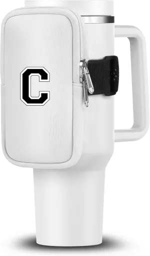 Initial Water Bottle Carrier Bag for Stanley-Tumbler pouch with Zipper Pocket Travel mug pouch- Personalized A-Z Phone Pocket for Stanley Cup Accessories - Detachable Large Phone Pocket
