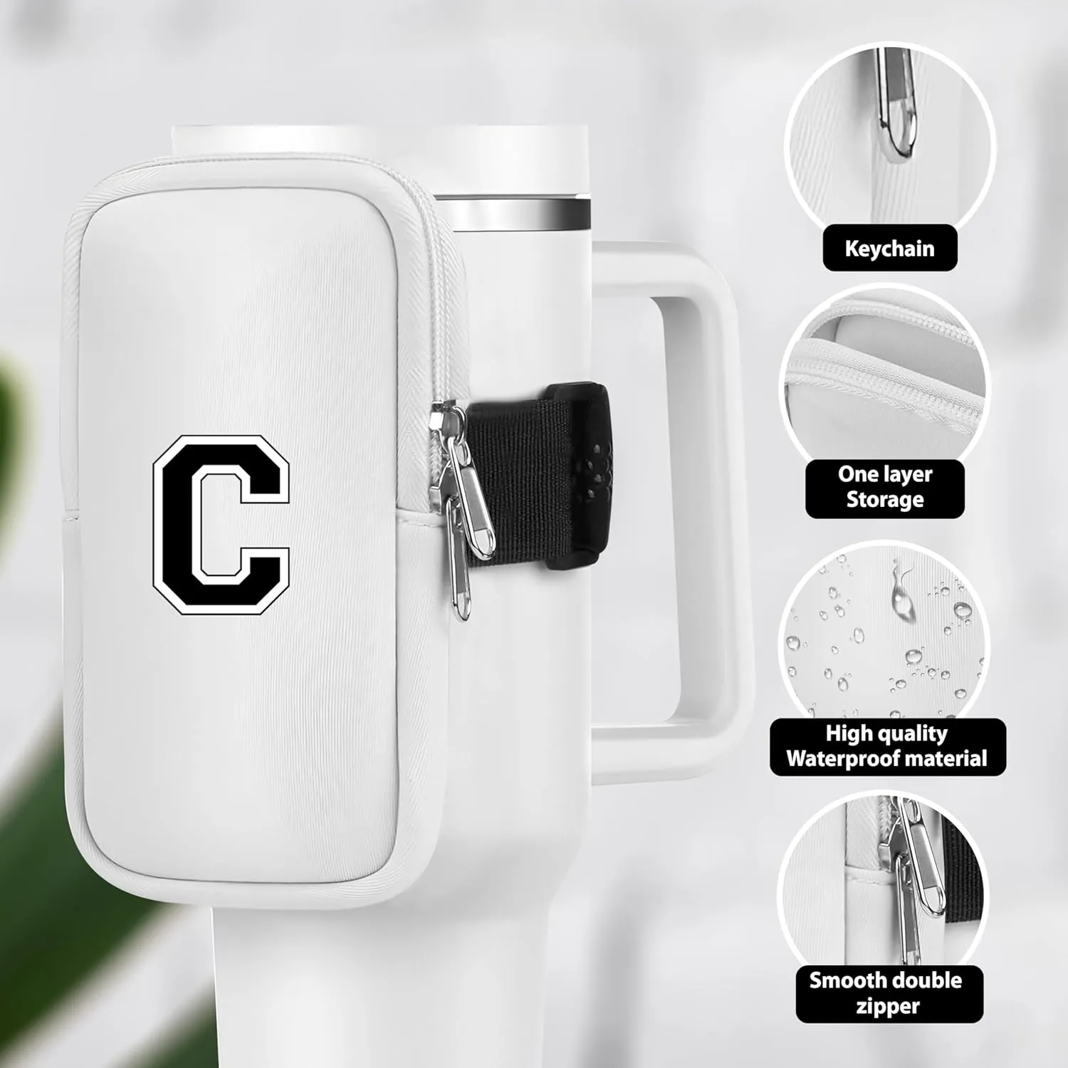 Initial Water Bottle Carrier Bag for Stanley-Tumbler pouch with Zipper Pocket Travel mug pouch- Personalized A-Z Phone Pocket for Stanley Cup Accessories - Detachable Large Phone Pocket