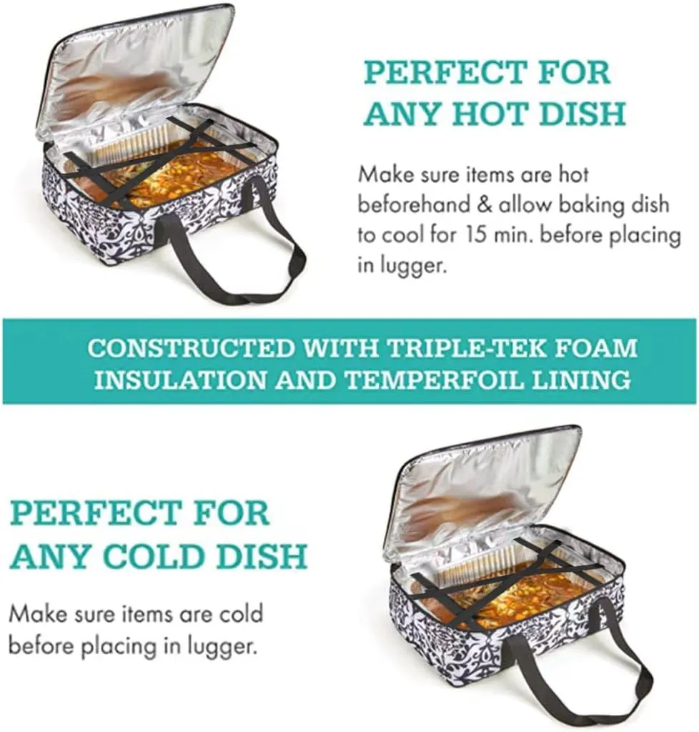 Insulated Casserole Carrier Fit 9"x13" Lasagna Baking Dish for Hot or Cold Food Transport,Thermal Lunch Warmer Tote Bag Upgrade add Fixing Strap for Gathering,Camping,Travel,Cookouts,Parties-Black