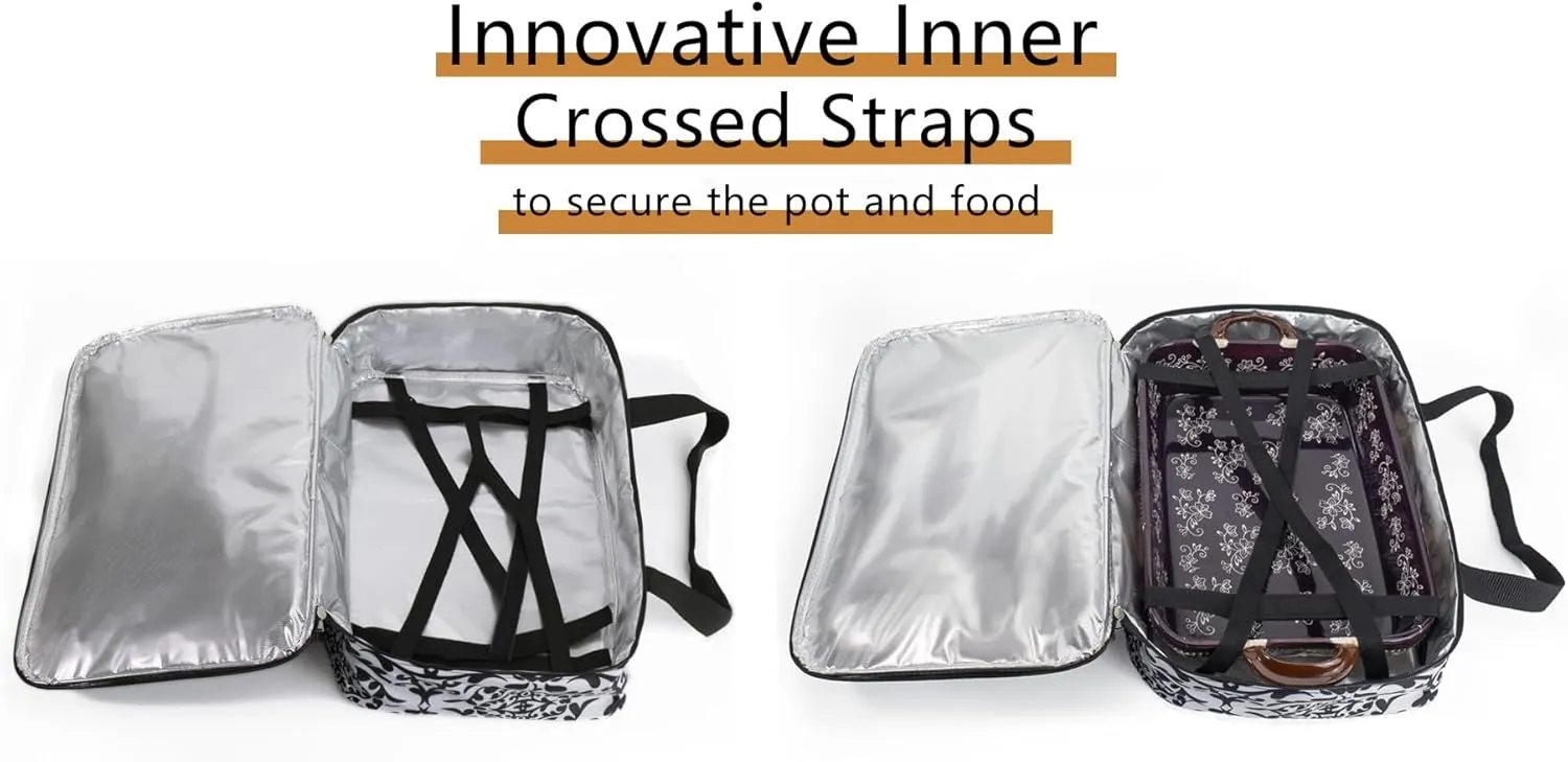 Insulated Casserole Carrier Fit 9"x13" Lasagna Baking Dish for Hot or Cold Food Transport,Thermal Lunch Warmer Tote Bag Upgrade add Fixing Strap for Gathering,Camping,Travel,Cookouts,Parties-Black
