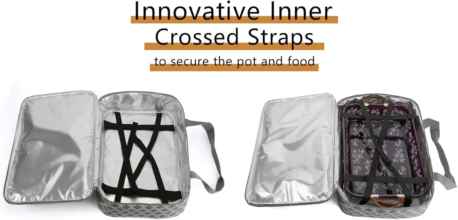 Insulated Casserole Carrier Fit 9"x13" Lasagna Baking Dish for Hot or Cold Food Transport,Thermal Lunch Warmer Tote Bag Upgrade add Fixing Strap for Gathering,Camping,Travel,Cookouts,Parties-Laurel