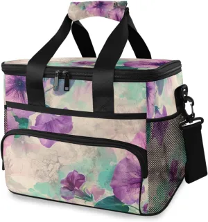 Insulated Cooler Bag 24 Cans Large Capacity Lunch Box-Purple Flowers Print Leak Proof with Shoulder Strap for Camping Picnic