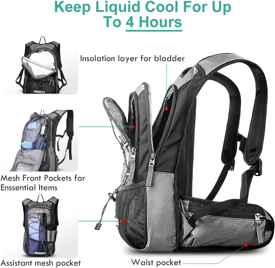 Insulated Hydration Backpack Pack with 3L BPA Free Leak Proof Water Bladder, Large Storage Lightweight Hiking Daypack with Waist Pouches & Cooler Layer, for Running, Biking, Camping, Festival