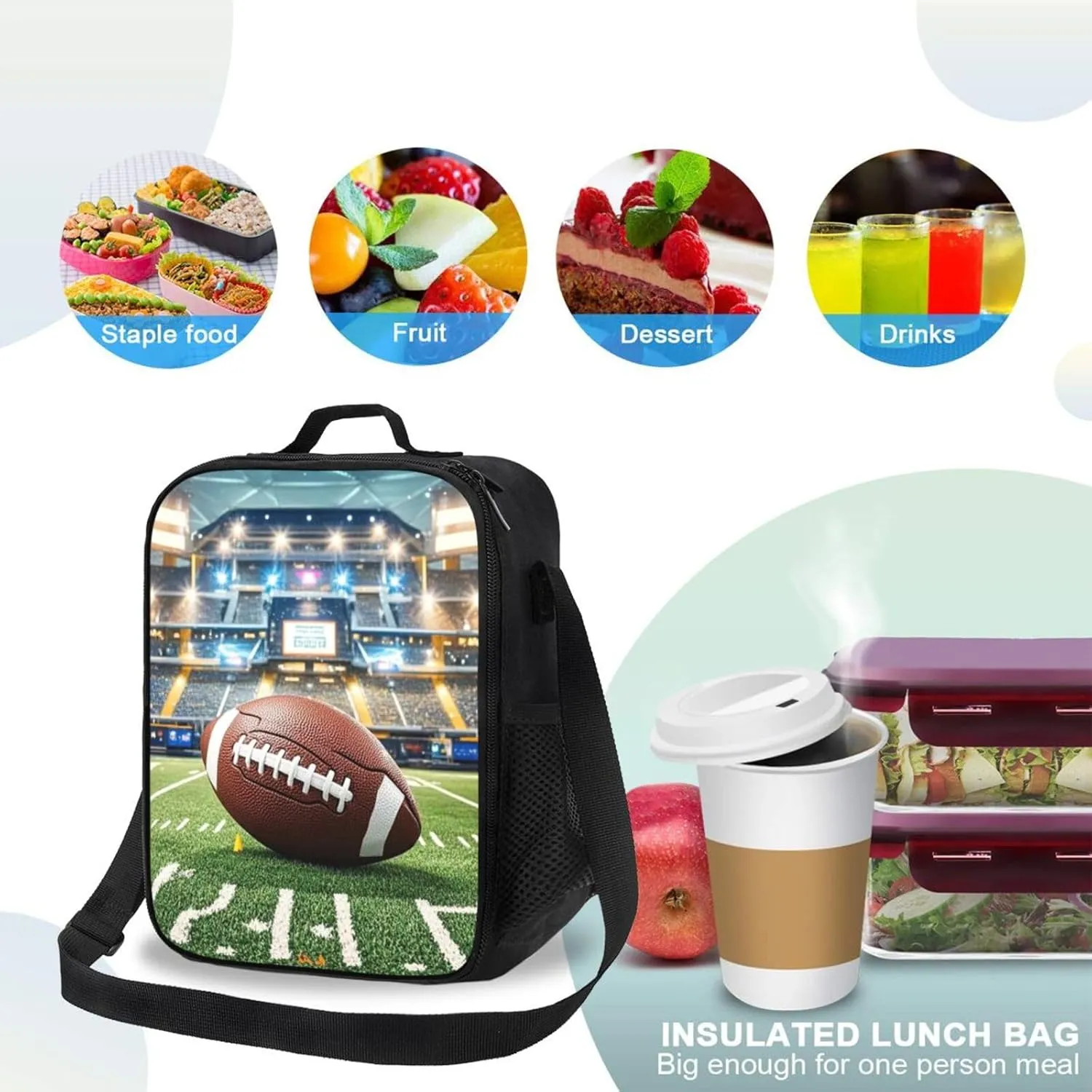 Insulated Lunch Bag American Football Field and Ball Lunch Box for Women Men Reusable Lunch Tote Bag for Work Picnic Travel