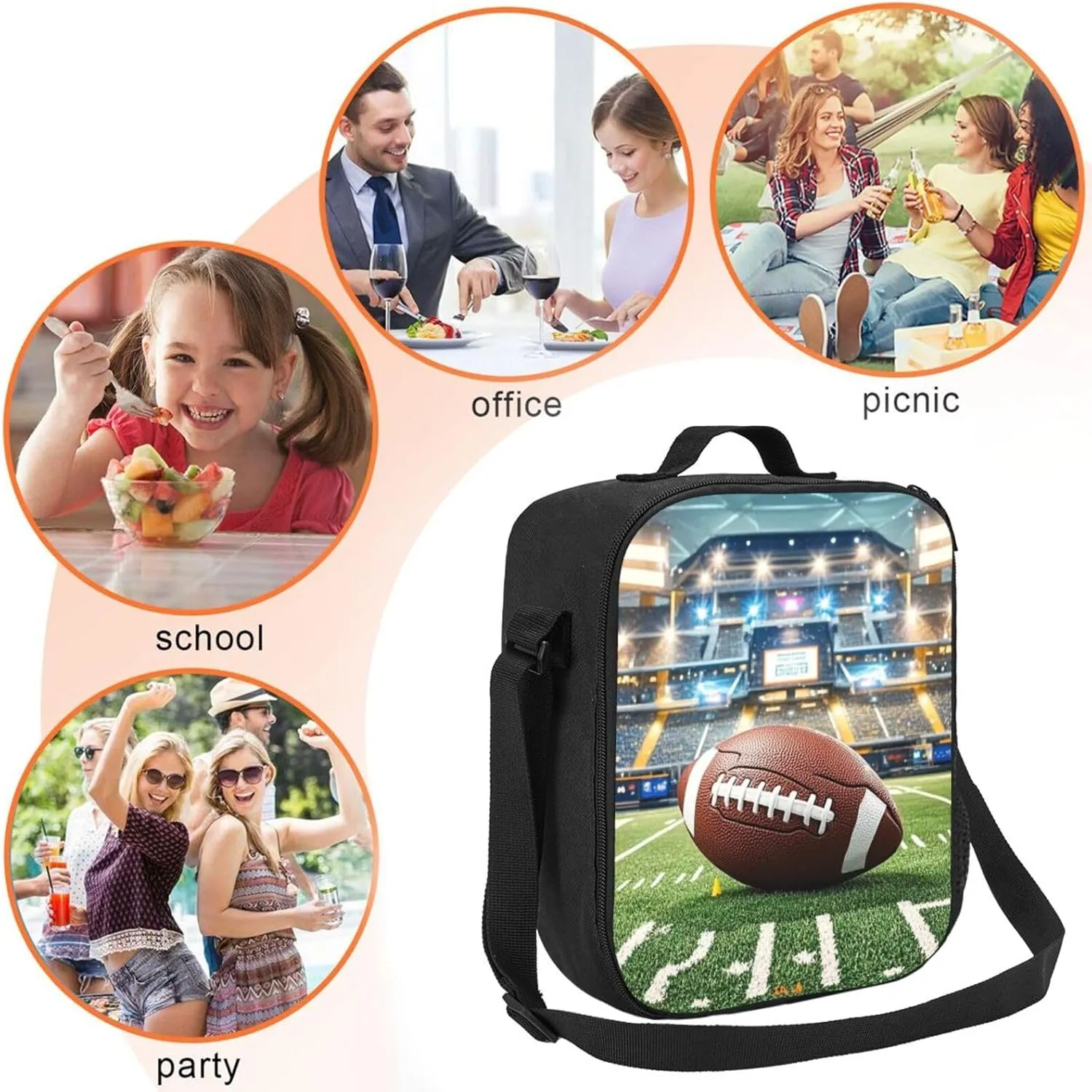 Insulated Lunch Bag American Football Field and Ball Lunch Box for Women Men Reusable Lunch Tote Bag for Work Picnic Travel