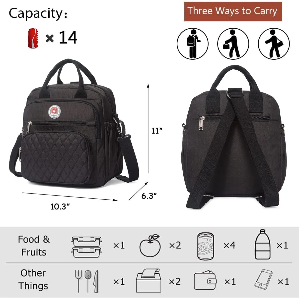 Insulated Lunch Bag Backpack for Women/Men, 3 carrying way Lunch Tote, Large Waterproof Cooler Box with Side pockets for Adults, College, Work, Beach, Picnic, Black