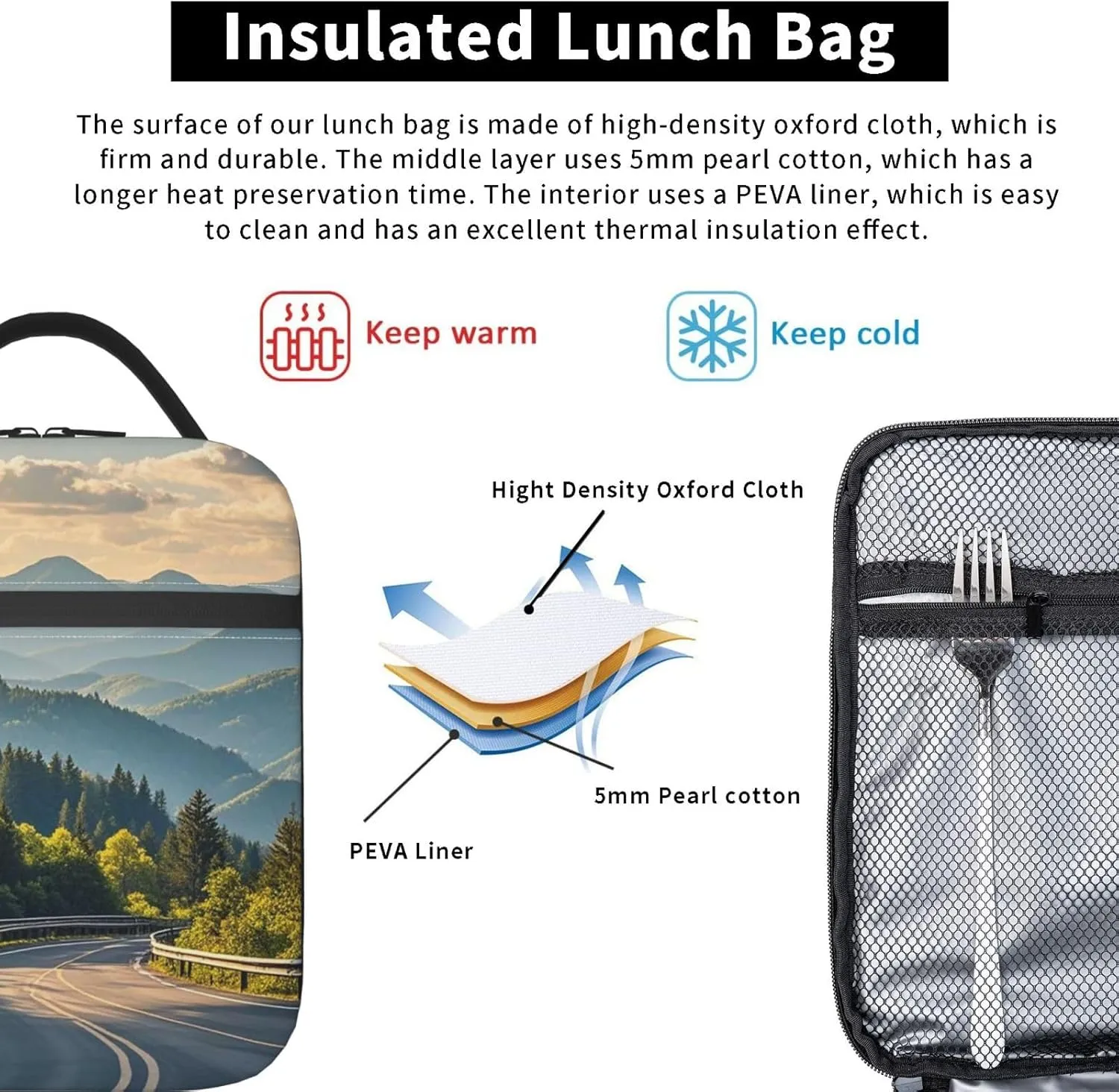 Insulated Lunch Bag Blue Ridge Parkway Mountains Lunch Box for Women Men Lunch Tote Bag for Work Picnic Travel