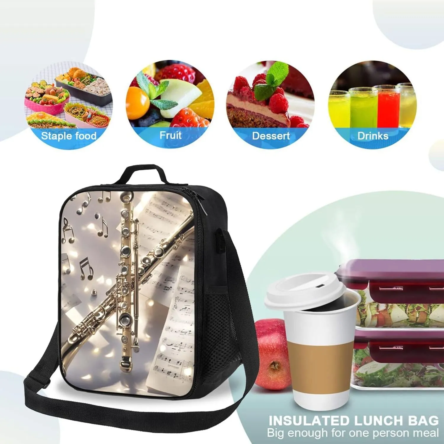 Insulated Lunch Bag Flute Music Lunch Box for Women Men Reusable Lunch Tote Bag for Work Picnic Travel