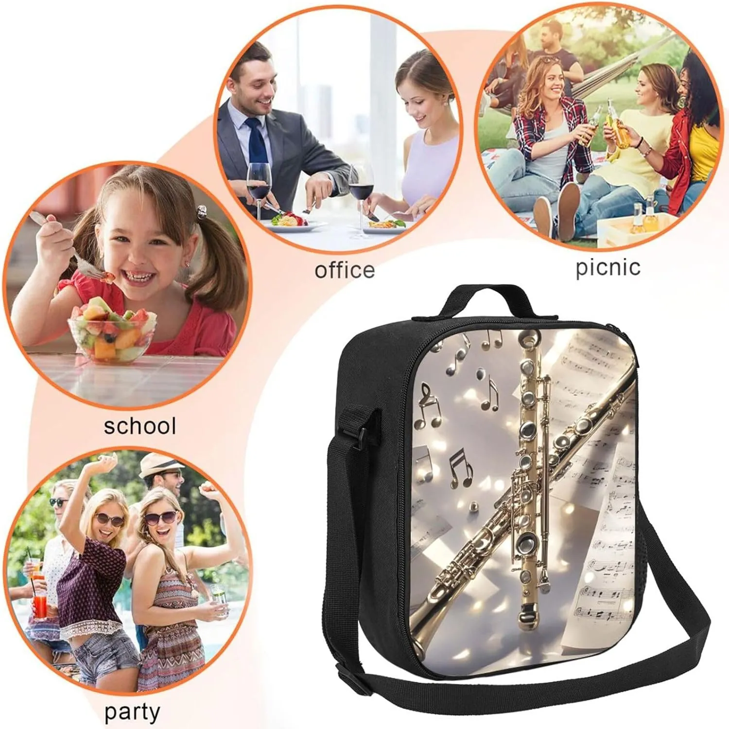 Insulated Lunch Bag Flute Music Lunch Box for Women Men Reusable Lunch Tote Bag for Work Picnic Travel