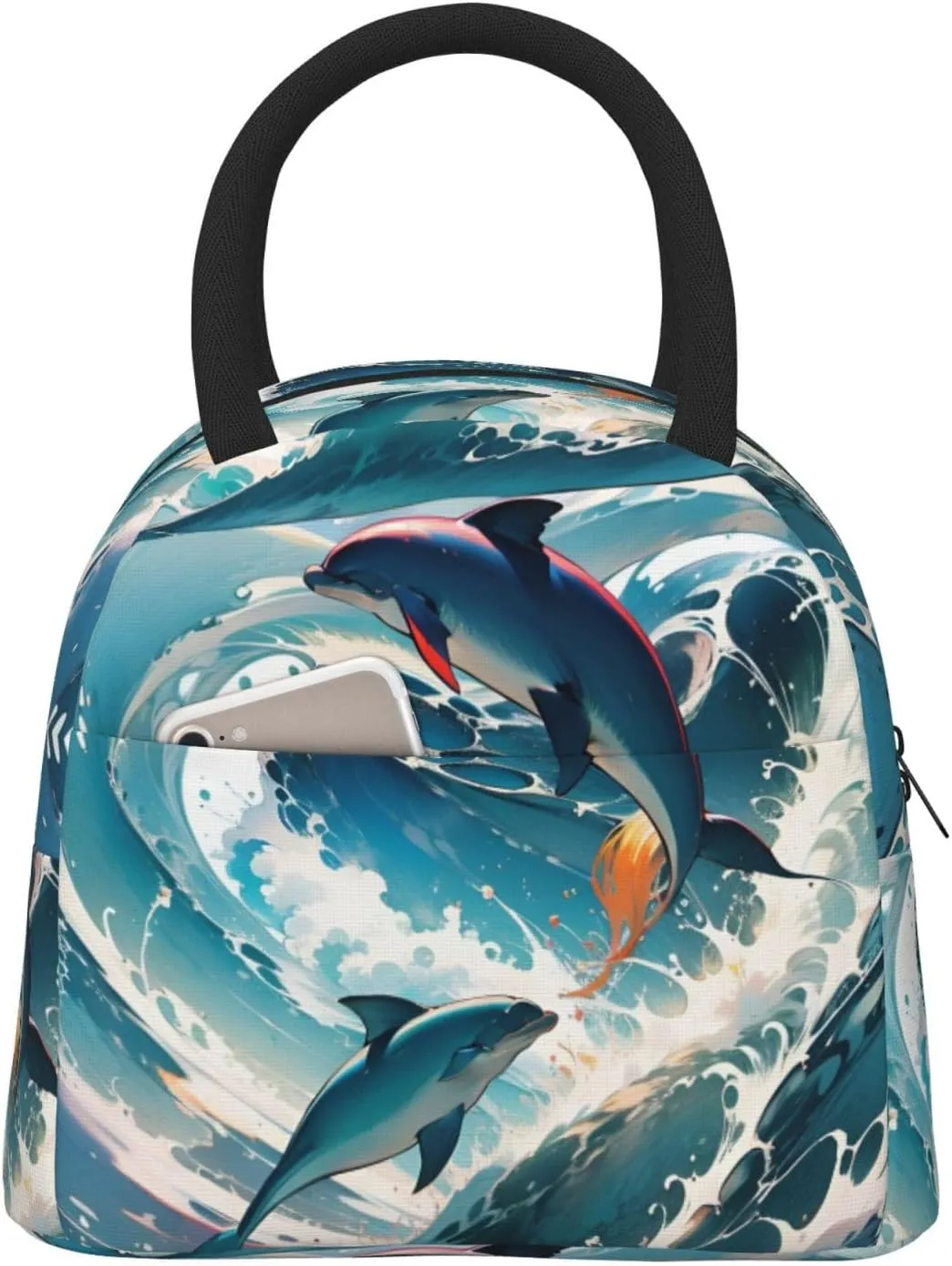 Insulated Lunch Bag for Men Women, Reusable Large Capacity Lunch Box, Leakproof Thermal Meal Cooler Shopping Grocery Tote Bag Handbags for Office Work Picnic, Dolphins Leap Out Sea