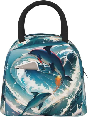 Insulated Lunch Bag for Men Women, Reusable Large Capacity Lunch Box, Leakproof Thermal Meal Cooler Shopping Grocery Tote Bag Handbags for Office Work Picnic, Dolphins Leap Out Sea
