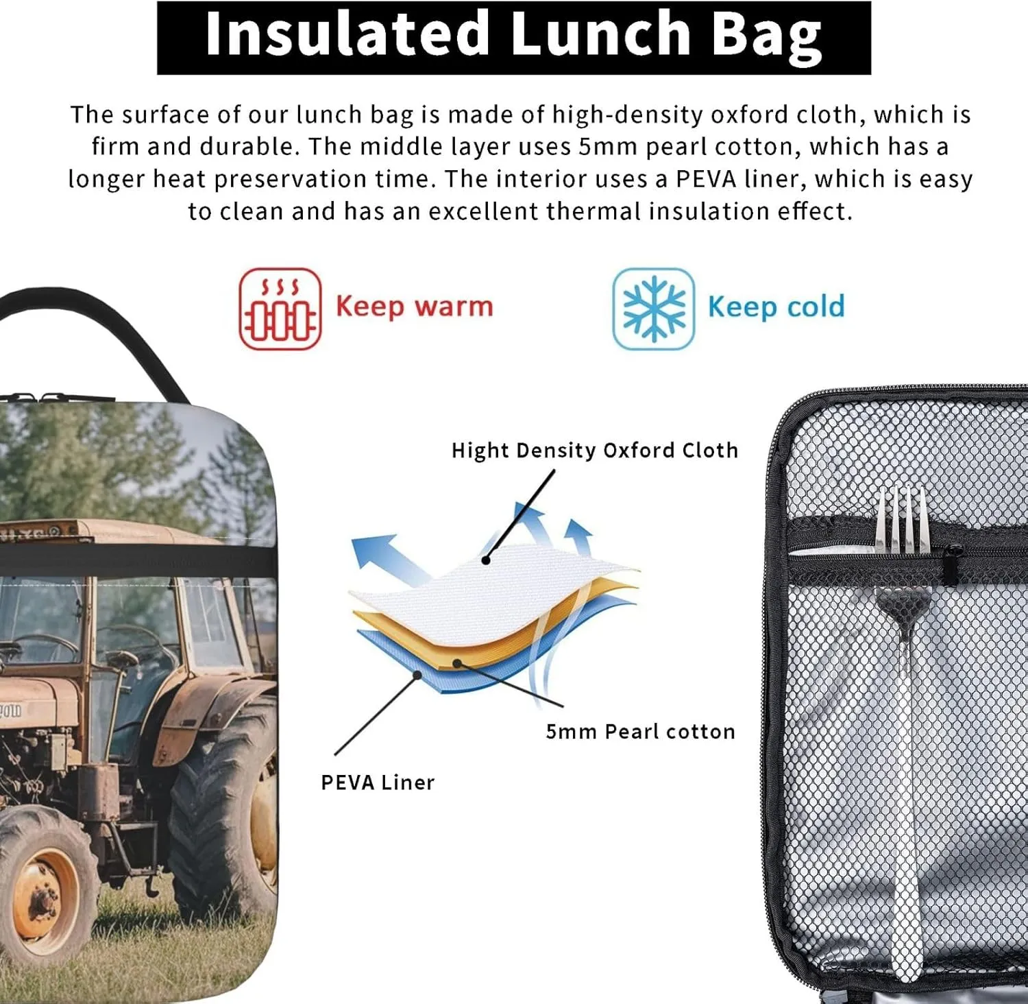 Insulated Lunch Bag for Women Men Portable Reusable Lunch Box Old Tractor Photo Farm Lunch Tote Bag for Work Picnic Travel