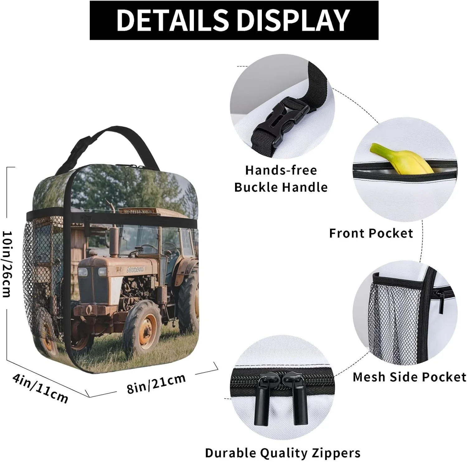 Insulated Lunch Bag for Women Men Portable Reusable Lunch Box Old Tractor Photo Farm Lunch Tote Bag for Work Picnic Travel