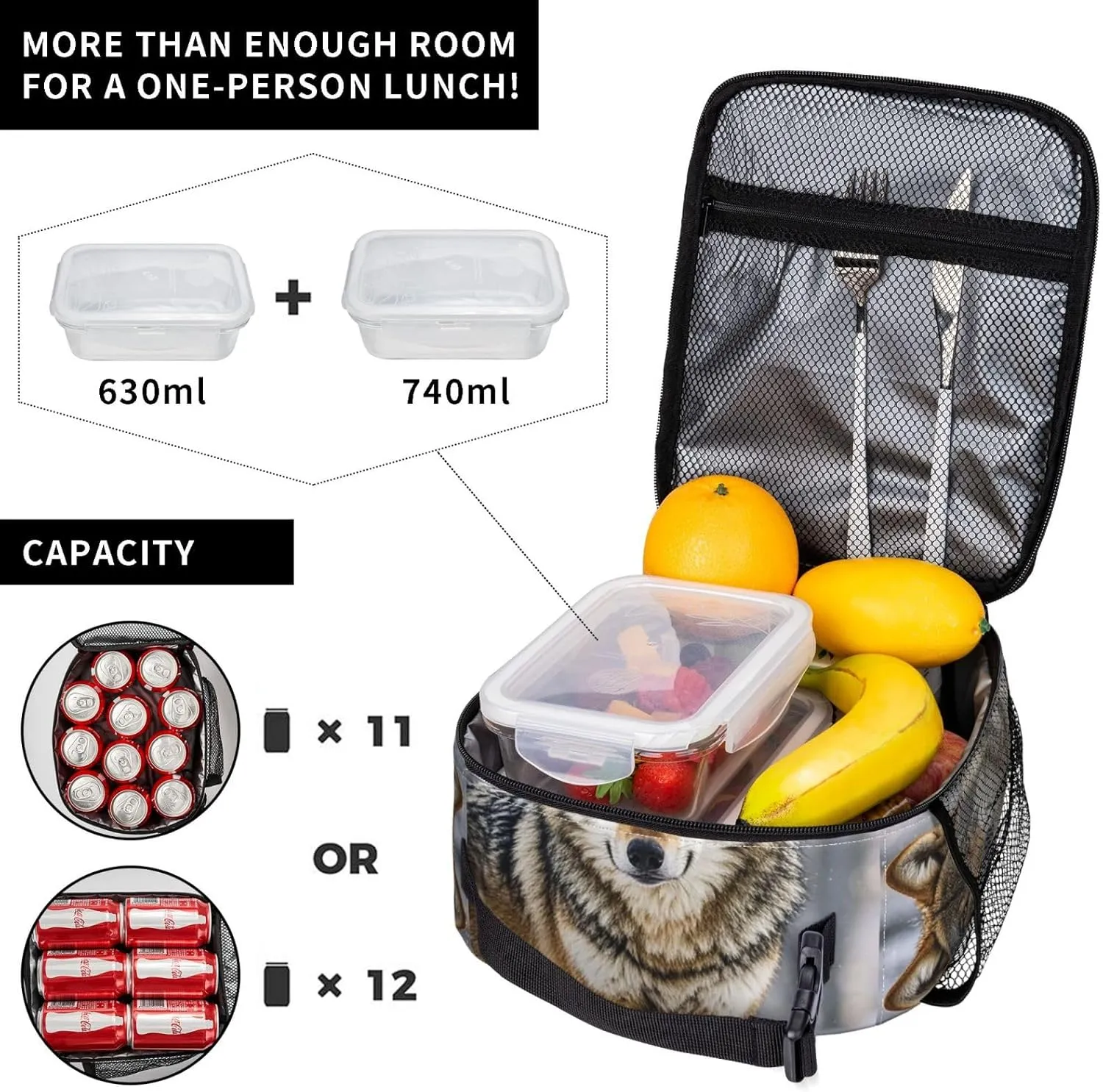 Insulated Lunch Bag for Women Men Portable Reusable Lunch Box Wolf Lunch Tote Bag for Work Picnic Travel