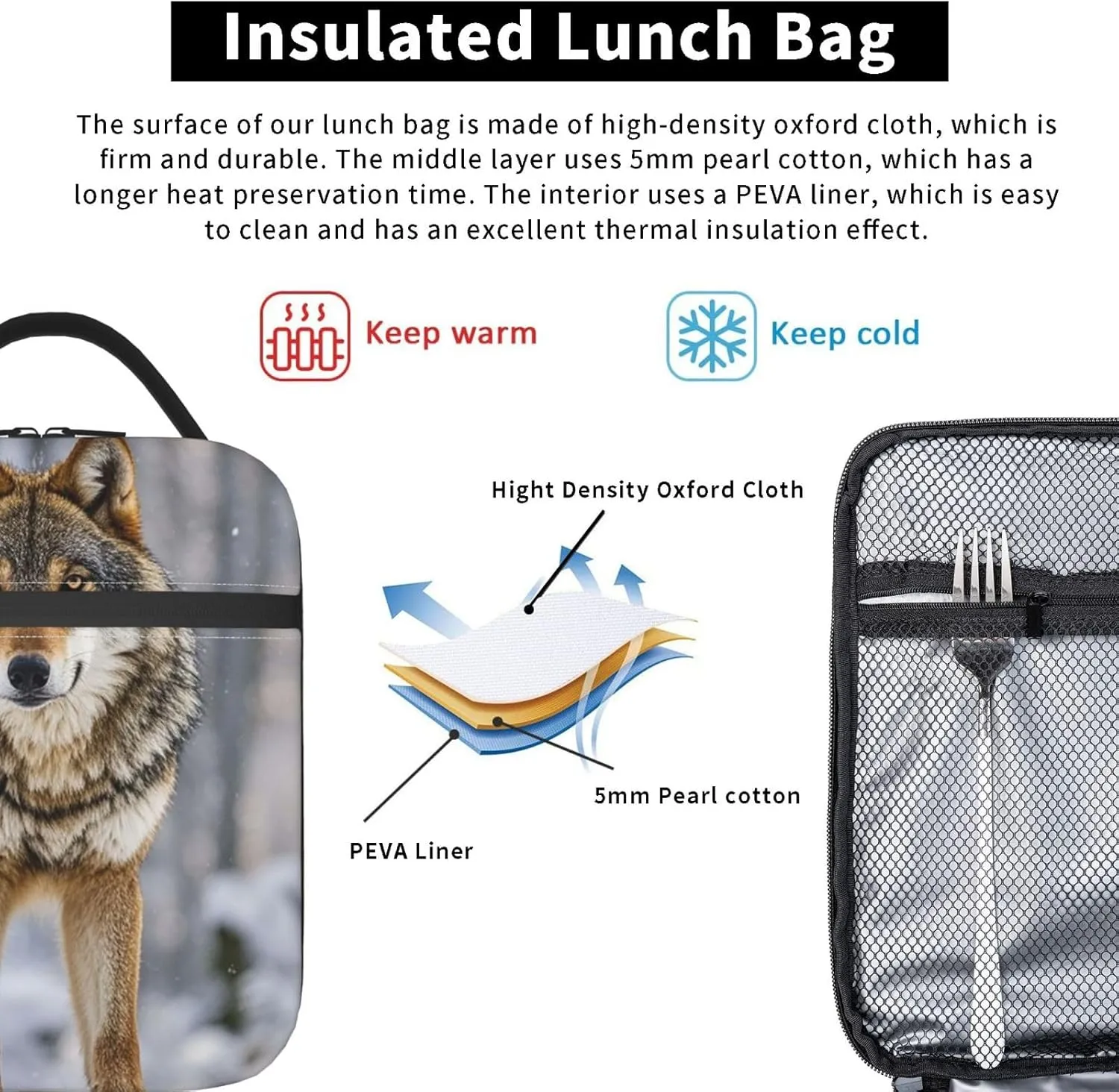 Insulated Lunch Bag for Women Men Portable Reusable Lunch Box Wolf Lunch Tote Bag for Work Picnic Travel