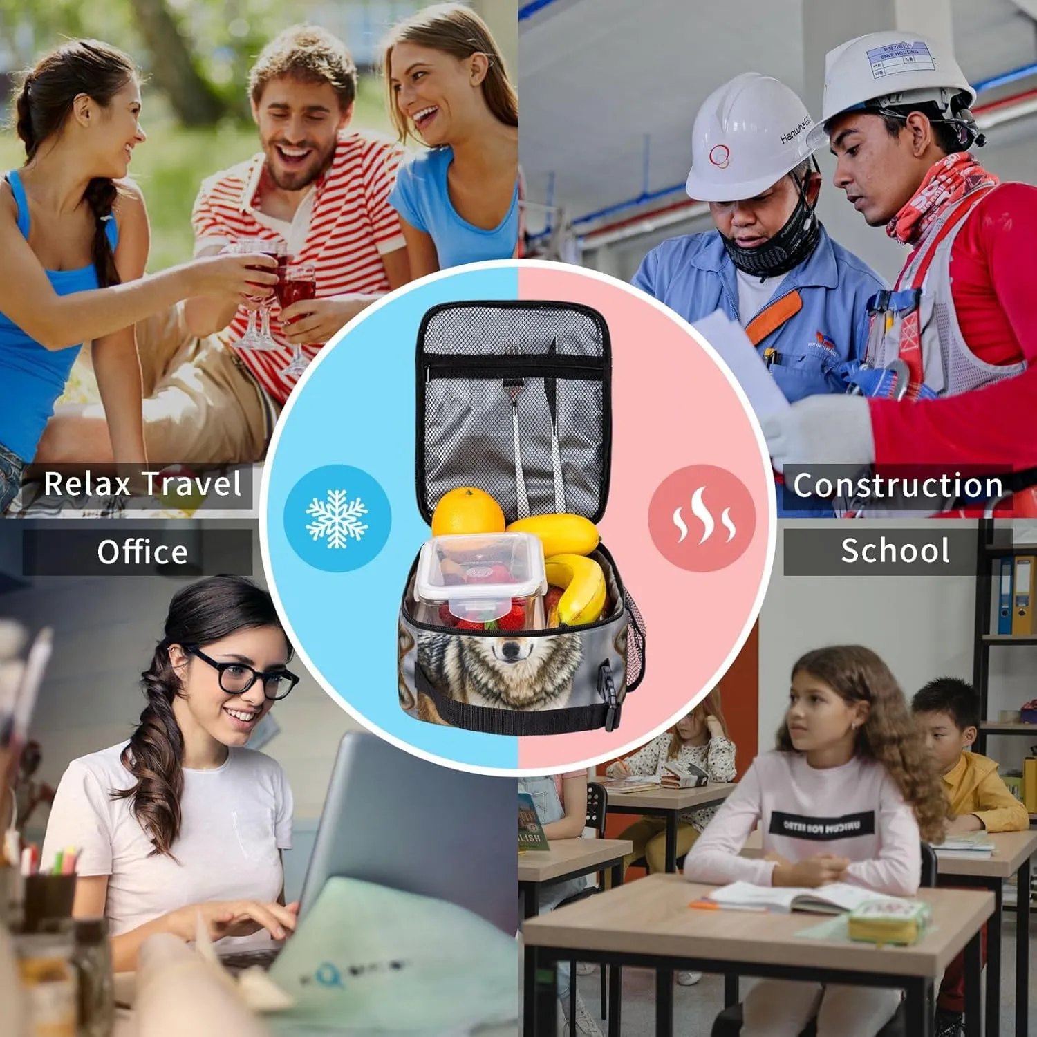 Insulated Lunch Bag for Women Men Portable Reusable Lunch Box Wolf Lunch Tote Bag for Work Picnic Travel