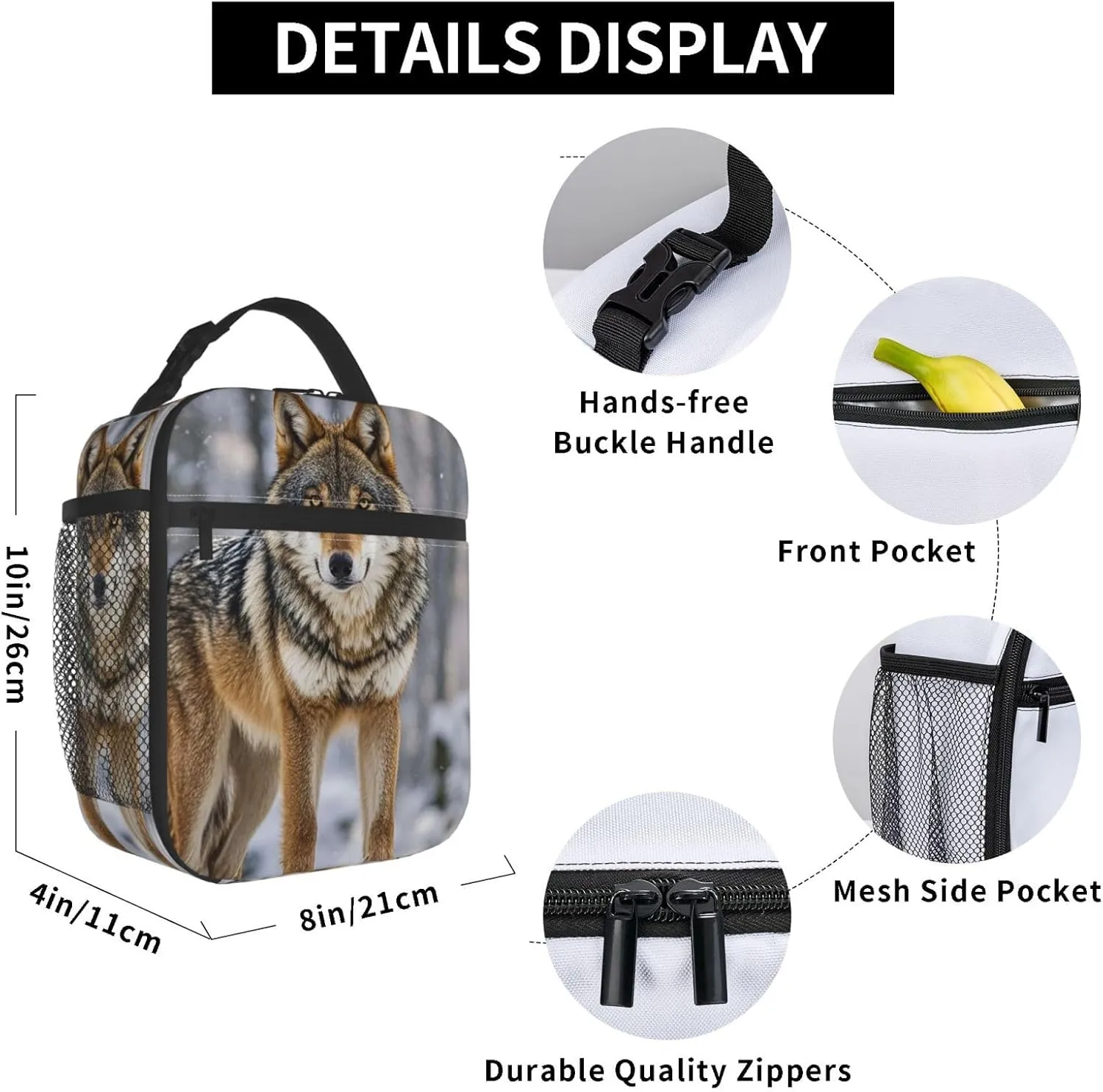 Insulated Lunch Bag for Women Men Portable Reusable Lunch Box Wolf Lunch Tote Bag for Work Picnic Travel
